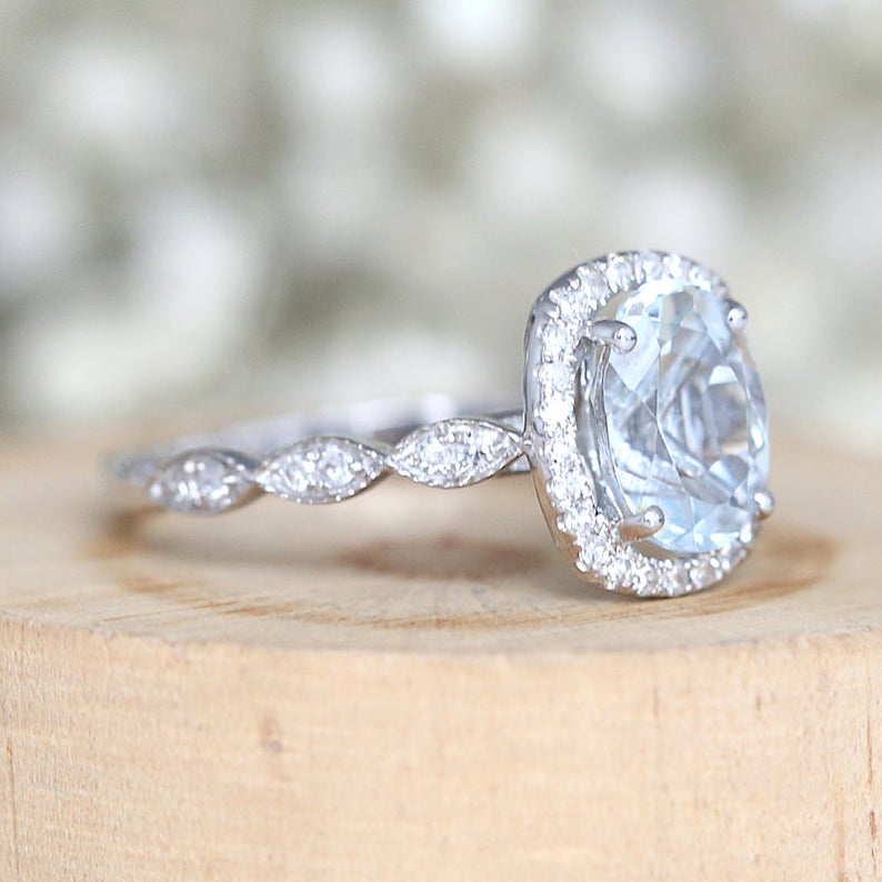 1 CT Oval Cut Aquamarine Diamond White Gold Over On 925 Sterling Silver Halo Promise Ring