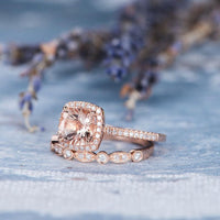 1 CT Cushion Cut Morganite Diamond Rose Gold Over On 925 Sterling Silver Halo Wedding Band Women Bridal Set