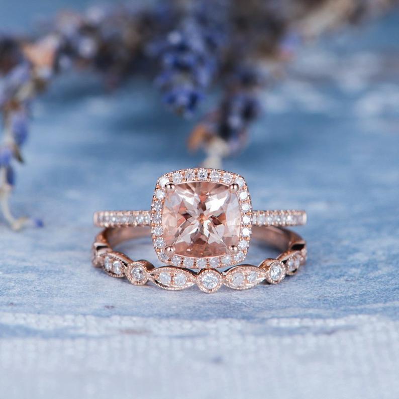 CT Cushion Cut Morganite Diamond Rose Gold Over On 925 Sterling Silver  Halo Wedding Band Women Bridal Set