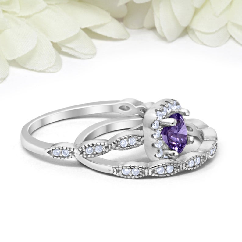 1 CT Round Cut Amethyst CZ Diamond 925 Sterling Silver Halo Wedding Bridal Ring Set