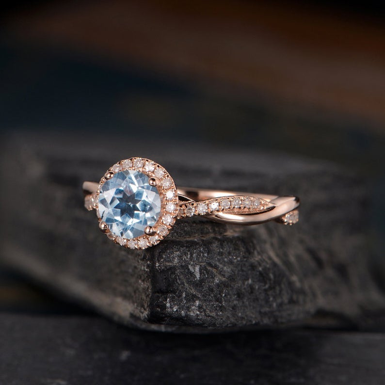 2.10 Ct Round Cut Aquamarine Rose Gold  Over On 925 Sterling Silver Infinity Band Engagement Band Ring