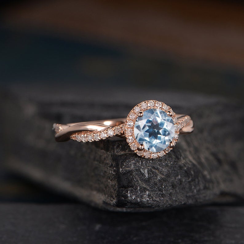 2.10 Ct Round Cut Aquamarine Rose Gold  Over On 925 Sterling Silver Infinity Band Engagement Band Ring