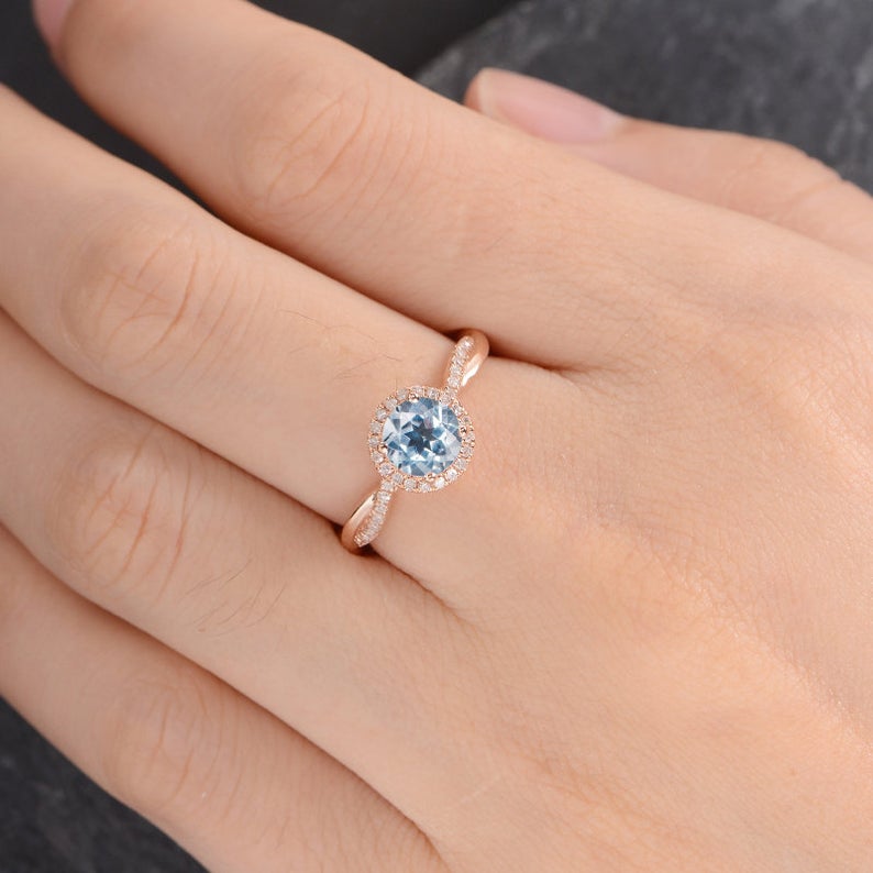 2.10 Ct Round Cut Aquamarine Rose Gold  Over On 925 Sterling Silver Infinity Band Engagement Band Ring