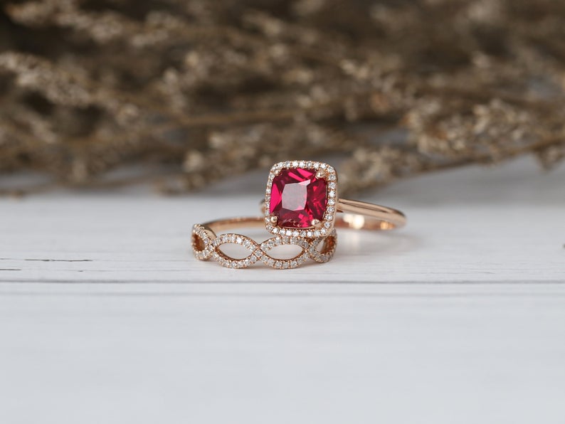 1 CT Cushion Cut Red Ruby Diamond 925 Sterling Silver Wedding Bridal Ring Set