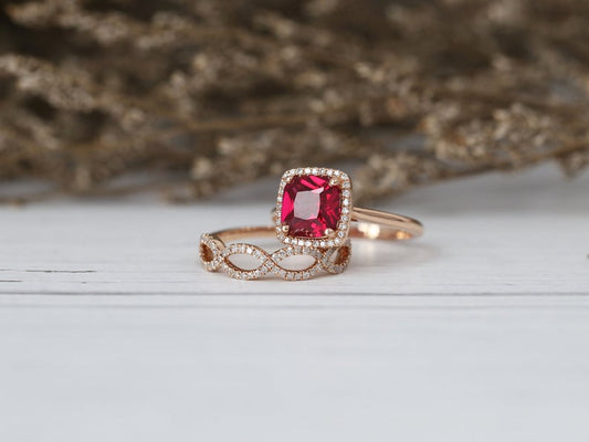 1 CT Cushion Cut Red Ruby Diamond 925 Sterling Silver Wedding Bridal Ring Set