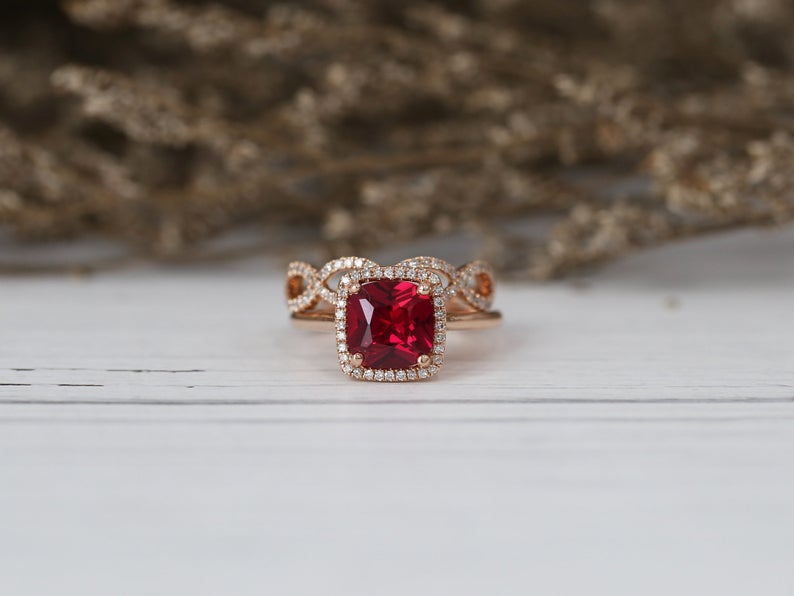 1 CT Cushion Cut Red Ruby Diamond 925 Sterling Silver Wedding Bridal Ring Set