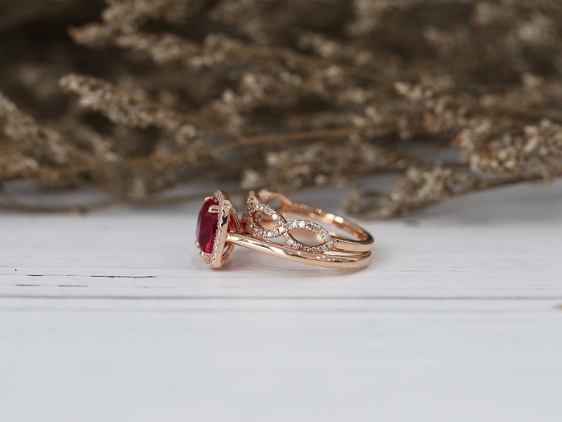 1 CT Cushion Cut Red Ruby Diamond 925 Sterling Silver Wedding Bridal Ring Set