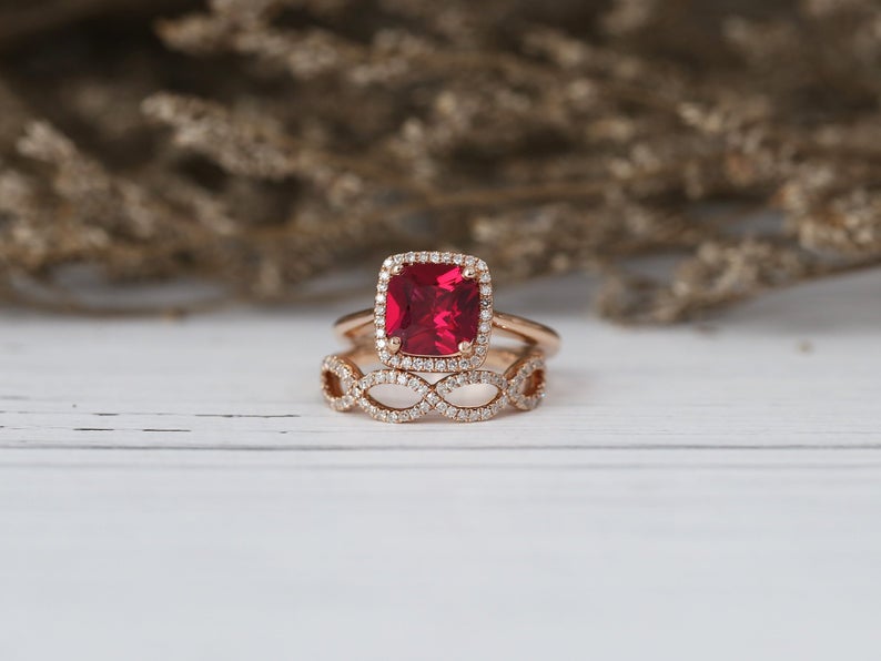 1 CT Cushion Cut Red Ruby Diamond 925 Sterling Silver Wedding Bridal Ring Set