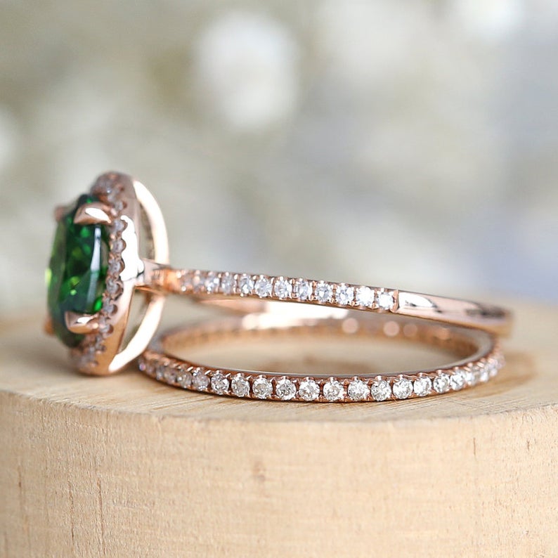 1 CT Oval Cut Green Emerald Diamond 925 Sterling Silver Halo Engagement Bridal set