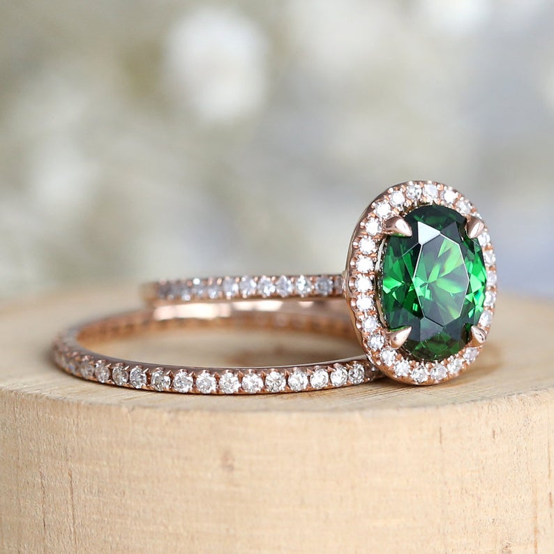 1 CT Oval Cut Green Emerald Diamond 925 Sterling Silver Halo Engagement Bridal set