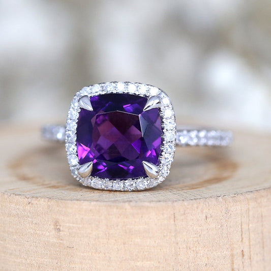 2 CT Cushion Cut Amethyst Diamond 925 Sterling Silver Halo Wedding Ring