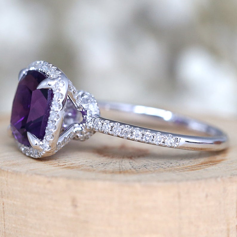 2 CT Cushion Cut Amethyst Diamond 925 Sterling Silver Halo Wedding Ring