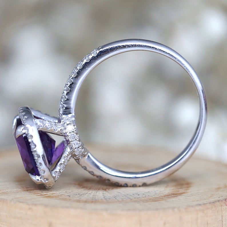2 CT Cushion Cut Amethyst Diamond 925 Sterling Silver Halo Wedding Ring