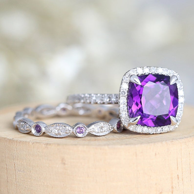 1 CT Cushion Cut Amethyst Diamond 925 Sterling Silver Halo Wedding Bridal Ring Set