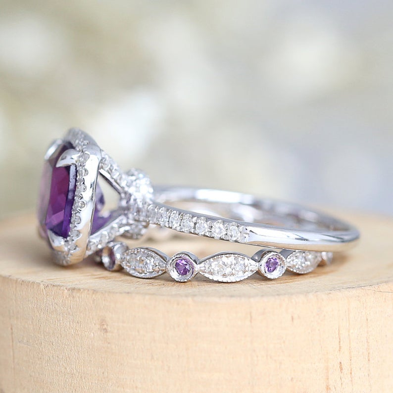 1 CT Cushion Cut Amethyst Diamond 925 Sterling Silver Halo Wedding Bridal Ring Set - atjewels.in