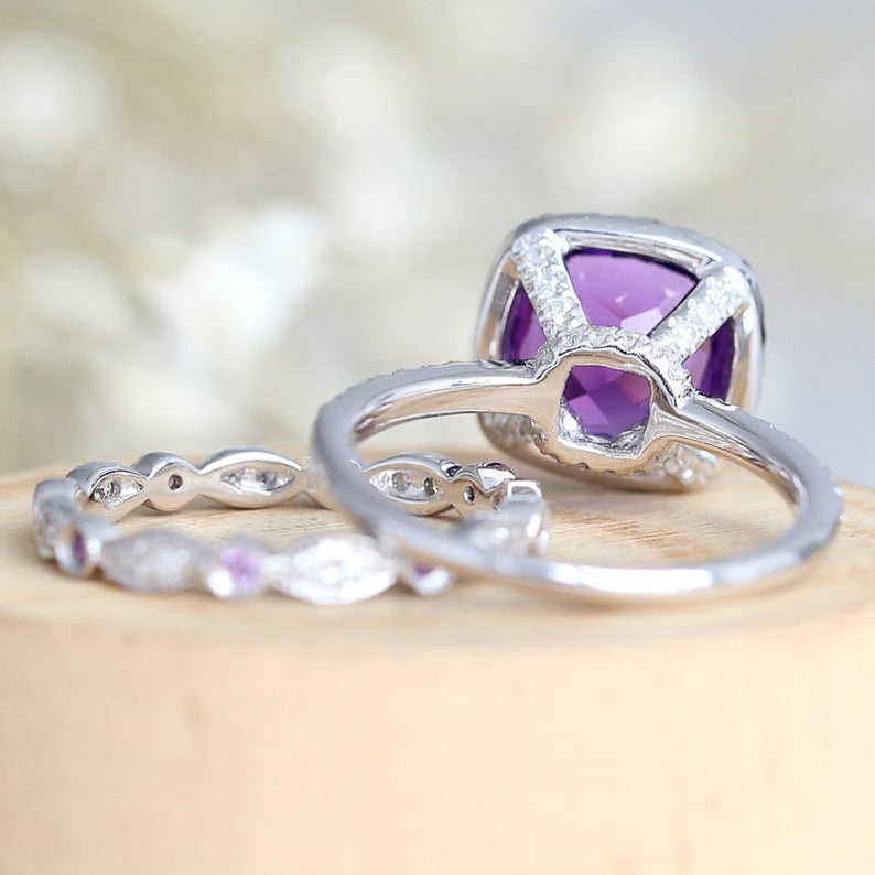 1 CT Cushion Cut Amethyst Diamond 925 Sterling Silver Halo Wedding Bridal Ring Set - atjewels.in
