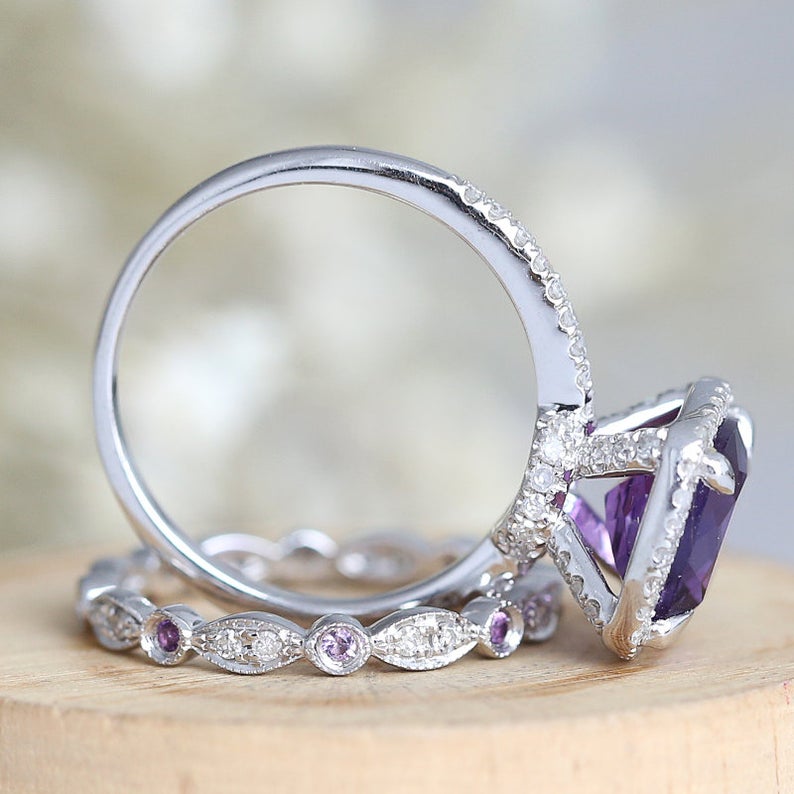 1 CT Cushion Cut Amethyst Diamond 925 Sterling Silver Halo Wedding Bridal Ring Set - atjewels.in