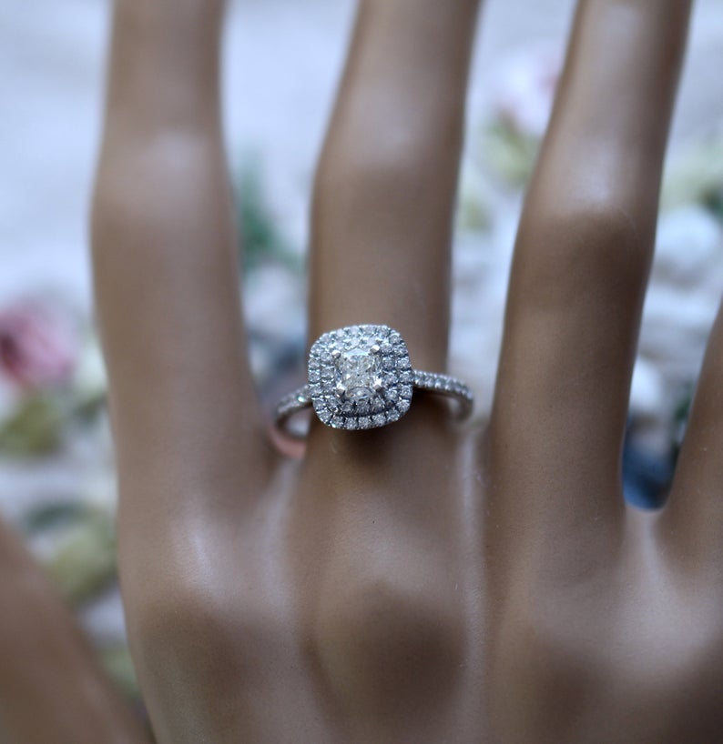 1 Ct Cushion Cut White Diamond White Gold Over On 925 Sterling Silver Double Halo Engagement Ring