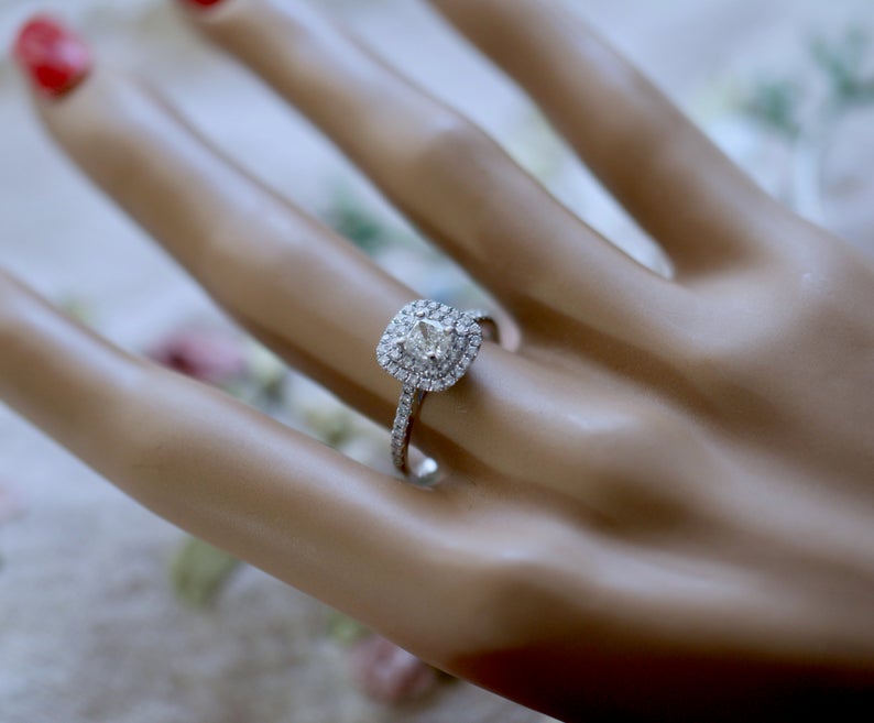 1 Ct Cushion Cut White Diamond White Gold Over On 925 Sterling Silver Double Halo Engagement Ring