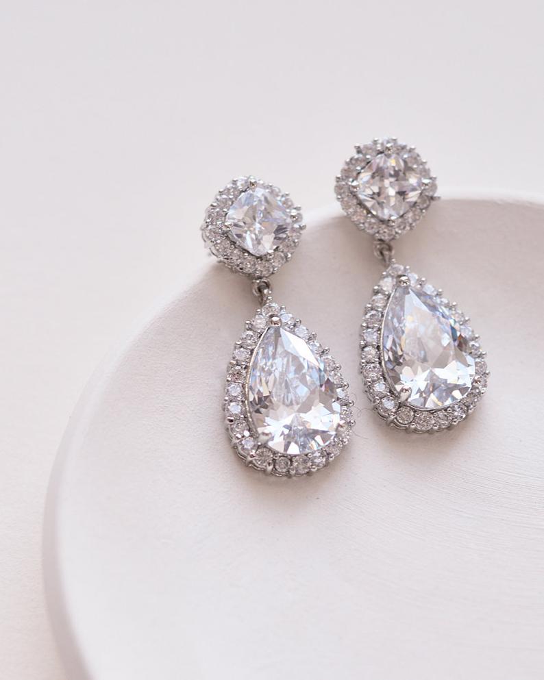 3.50 Ct Pear & Cushion Cut Diamond Halo Engagement Dangle Earrings In 925 Sterling Silver