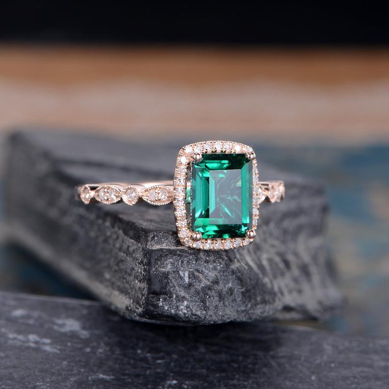 2 CT Cushion Cut Emerald Diamond Rose Gold Over On 925 Sterling Silver Halo Women Wedding Ring
