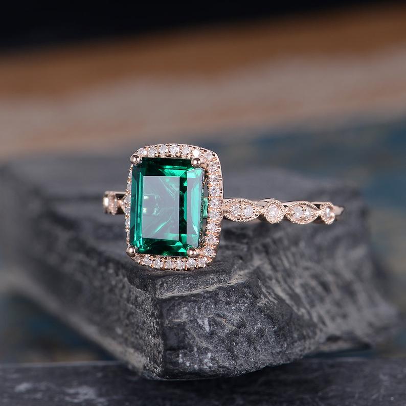 2 CT Cushion Cut Emerald Diamond Rose Gold Over On 925 Sterling Silver Halo Women Wedding Ring