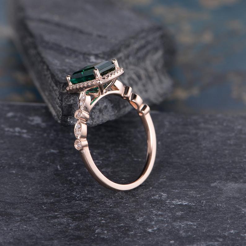 2 CT Cushion Cut Emerald Diamond Rose Gold Over On 925 Sterling Silver Halo Women Wedding Ring