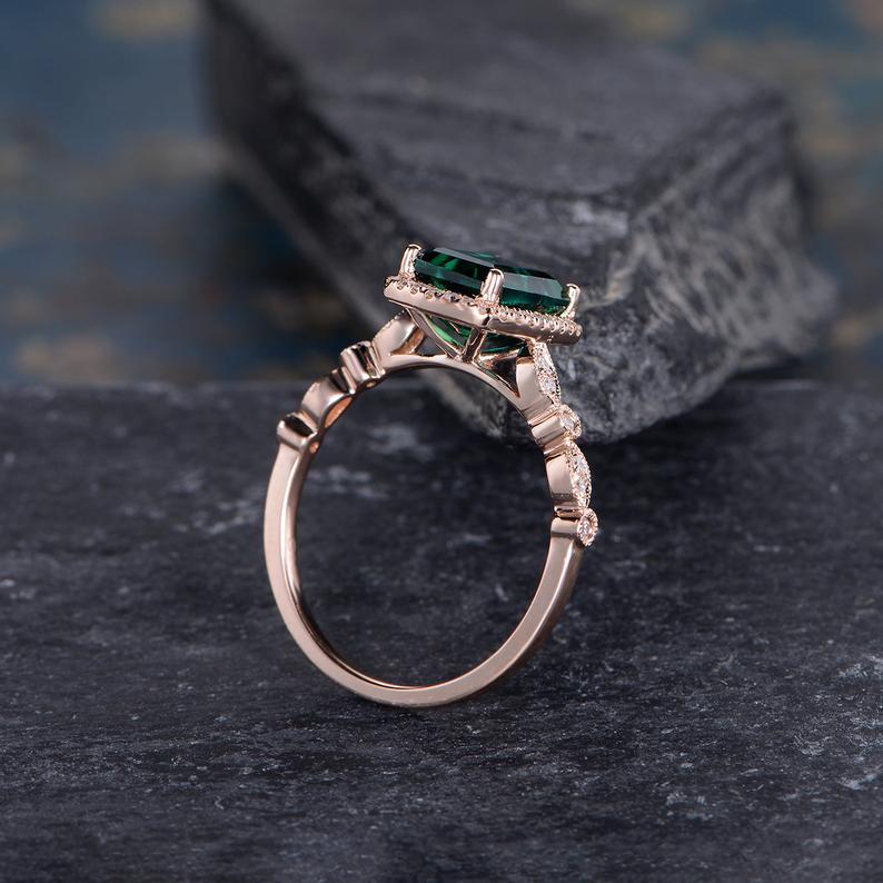 2 CT Cushion Cut Emerald Diamond Rose Gold Over On 925 Sterling Silver Halo Women Wedding Ring