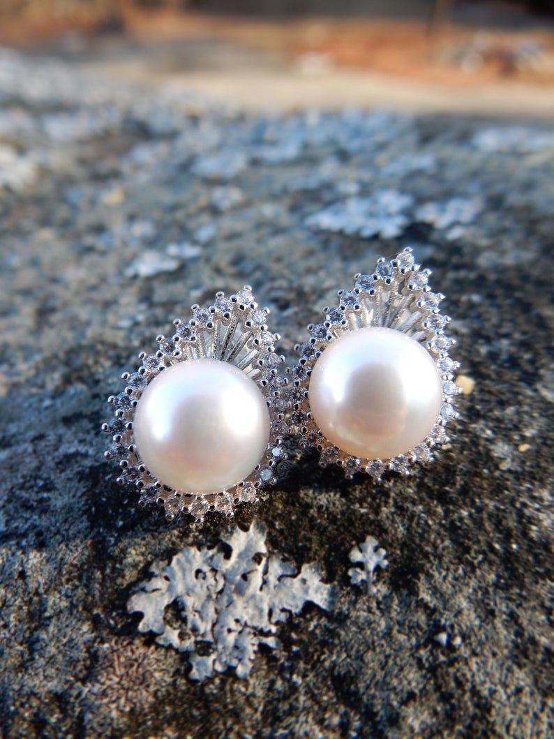 0.75 Ct Round White CZ & Round Pearl 925 Sterling Silver Anniversary Gift Stud Earrings For Her - atjewels.in
