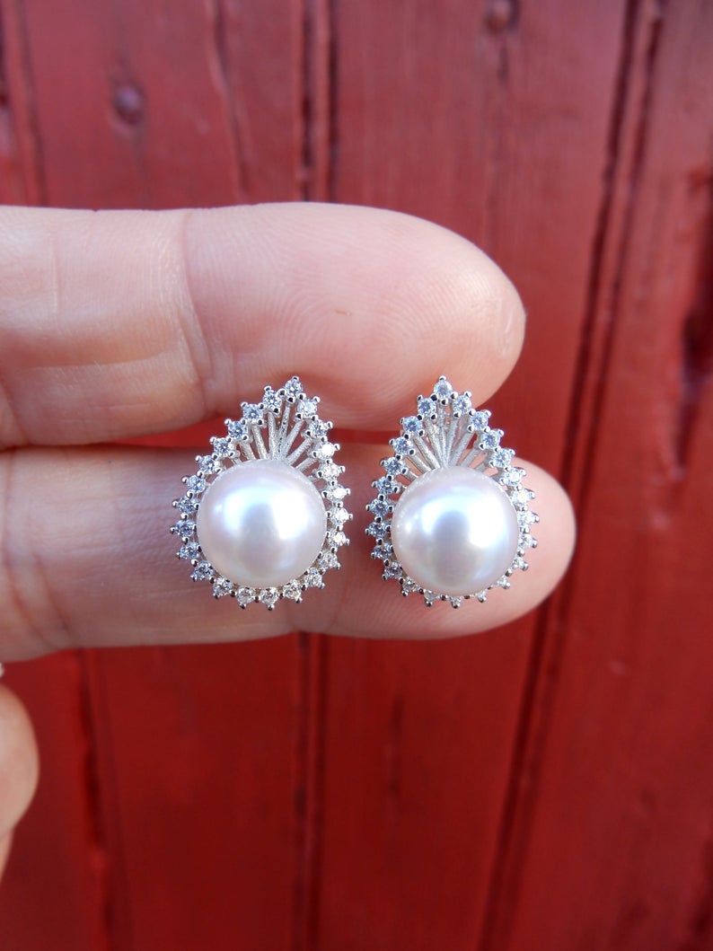 0.75 Ct Round White CZ & Round Pearl 925 Sterling Silver Anniversary Gift Stud Earrings For Her - atjewels.in