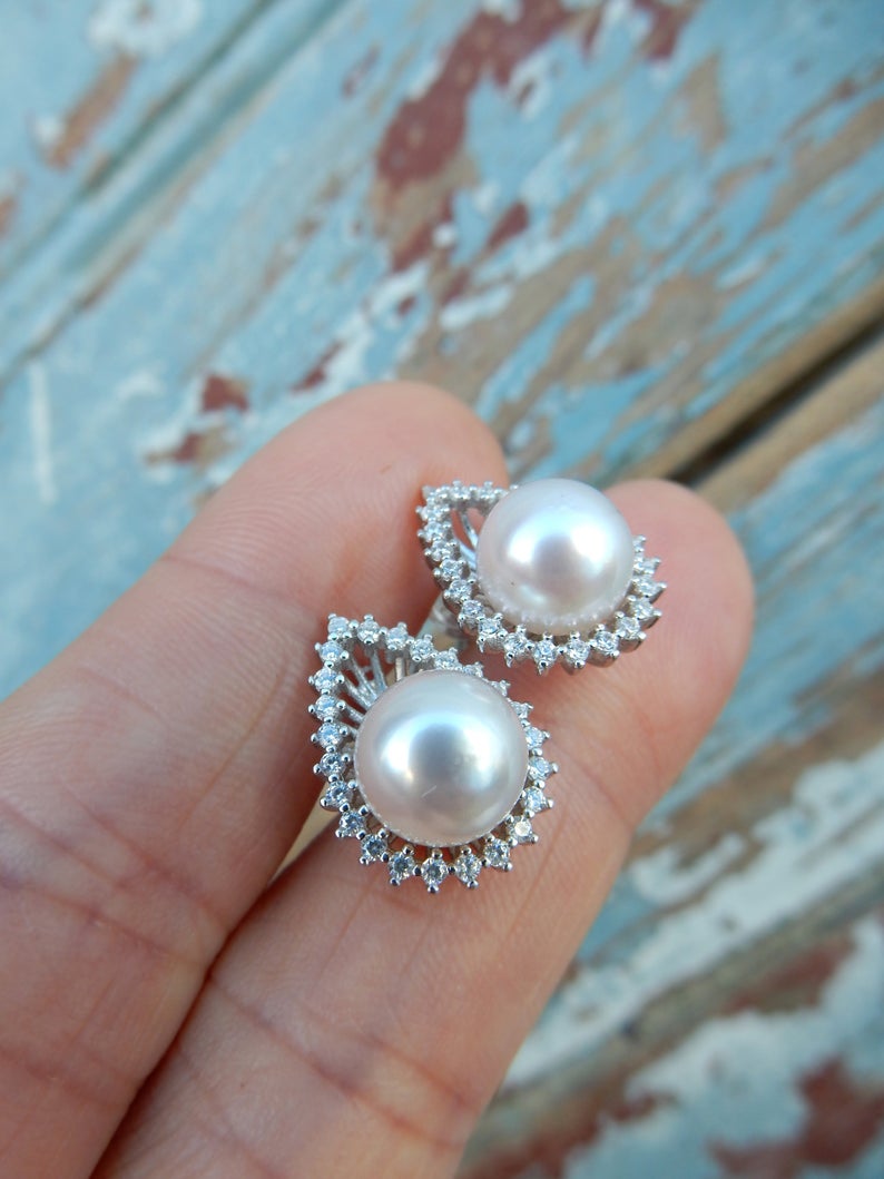 0.75 Ct Round White CZ & Round Pearl 925 Sterling Silver Anniversary Gift Stud Earrings For Her - atjewels.in