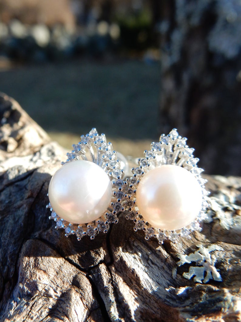 0.75 Ct Round White CZ & Round Pearl 925 Sterling Silver Anniversary Gift Stud Earrings For Her - atjewels.in