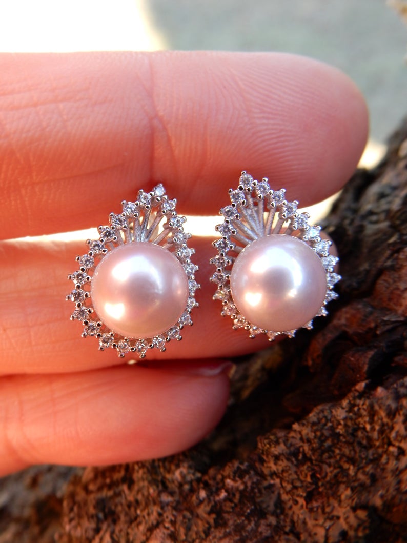 0.75 Ct Round White CZ & Round Pearl 925 Sterling Silver Anniversary Gift Stud Earrings For Her - atjewels.in