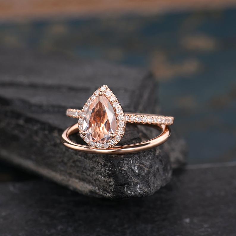 2.50 Ct Pear Cut Peach Morganite Rose Gold Over On 925 Sterling Silver Engagement Bridal Ring Set