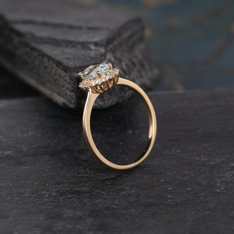 1.75 Ct Oval Cut Aquamarine Yellow Gold Over On 925 Sterling Silver Halo Anniversary Gift Ring