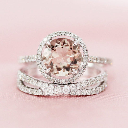 2 CT Round Cut Morganite Diamond 925 Sterling Silver Halo Wedding Bridal Ring Set