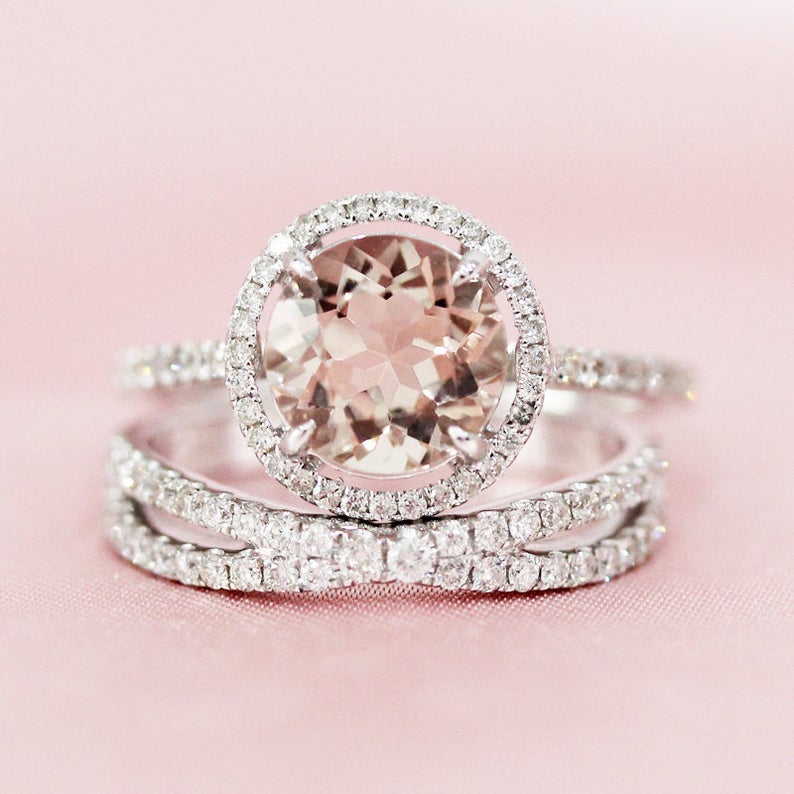 925 Sterling Silver 2 CT Round Cut Morganite Diamond Halo Wedding Bridal Ring Set