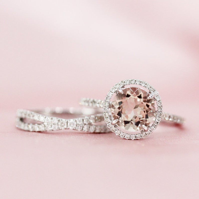 925 Sterling Silver 2 CT Round Cut Morganite Diamond Halo Wedding Bridal Ring Set