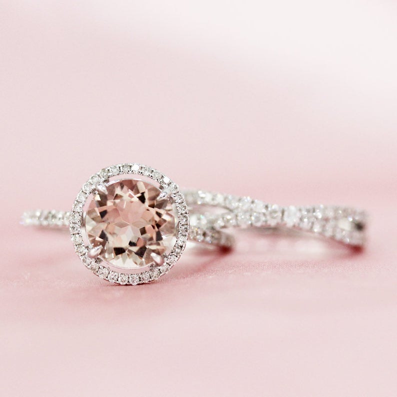 925 Sterling Silver 2 CT Round Cut Morganite Diamond Halo Wedding Bridal Ring Set
