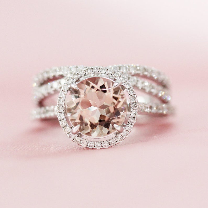 925 Sterling Silver 2 CT Round Cut Morganite Diamond Halo Wedding Bridal Ring Set