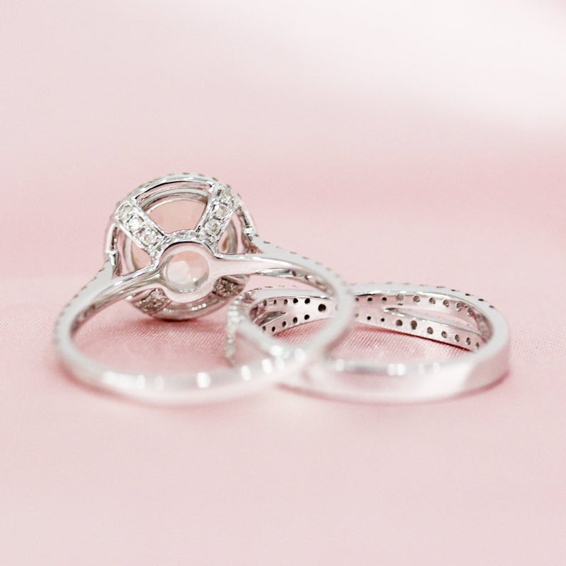 925 Sterling Silver 2 CT Round Cut Morganite Diamond Halo Wedding Bridal Ring Set