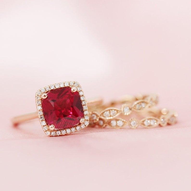 2 CT Cushion Cut Red Ruby Diamond 925 Sterling Silver Wedding Trio Ring Set