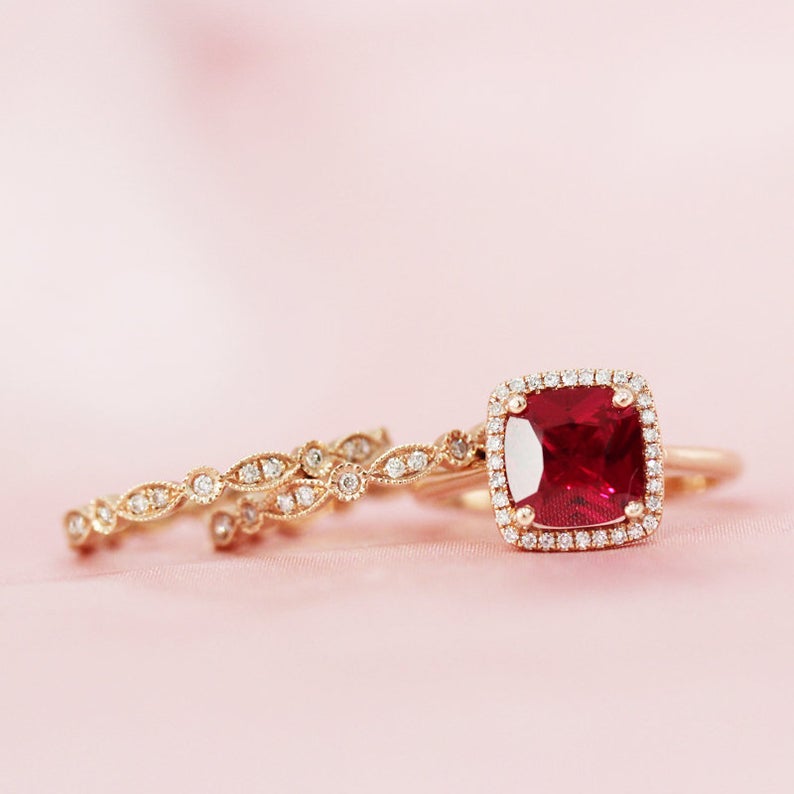 2 CT Cushion Cut Red Ruby Diamond 925 Sterling Silver Wedding Trio Ring Set