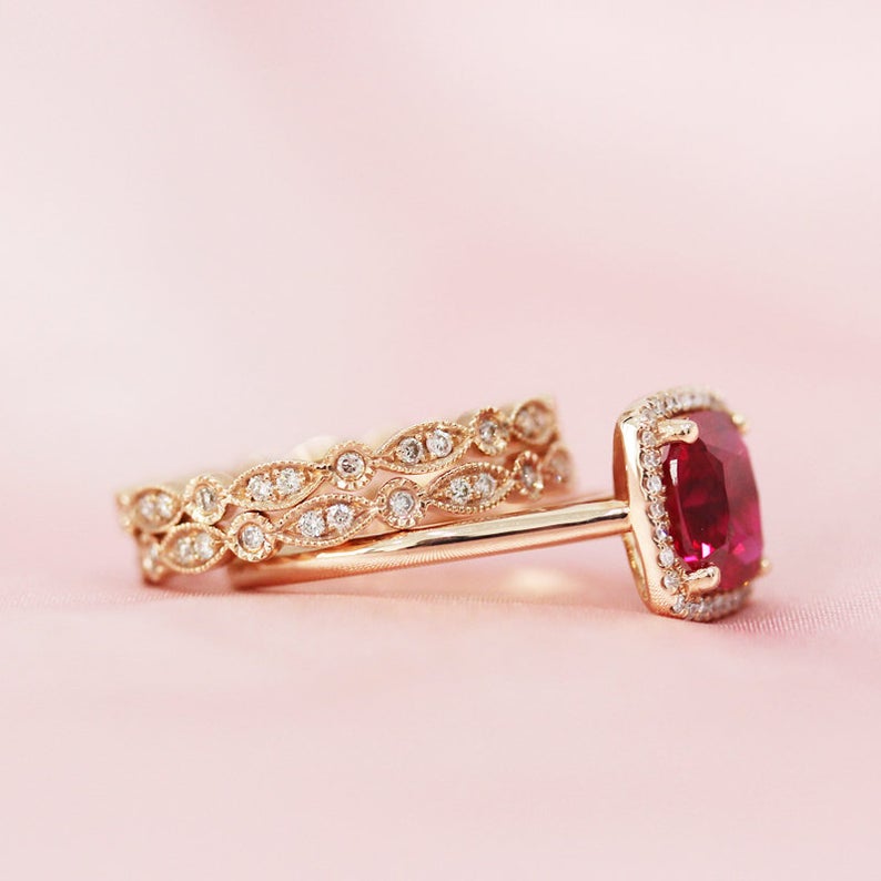 2 CT Cushion Cut Red Ruby Diamond 925 Sterling Silver Wedding Trio Ring Set