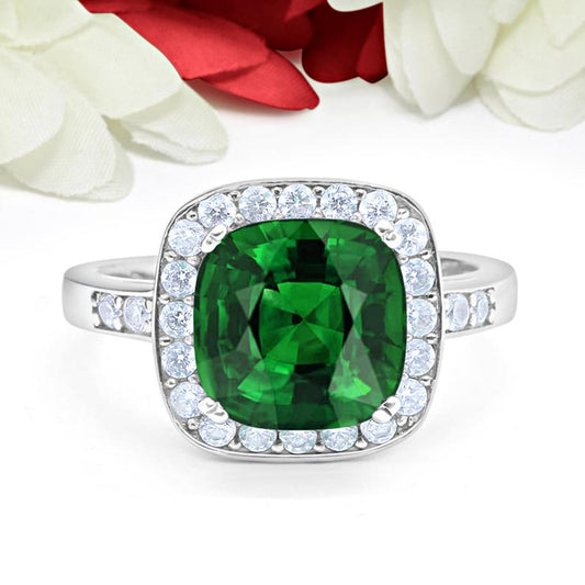 1 CT Cushion Cut Green Emerald CZ Diamond 925 Sterling Silver Halo Wedding Ring