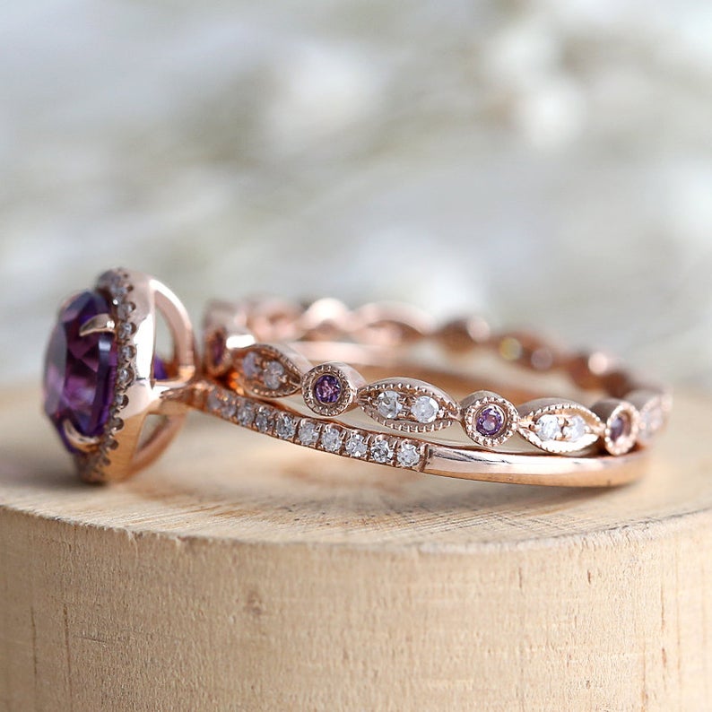 1 CT Round Cut Amethyst Diamond 925 Sterling Silver Halo Wedding Ring