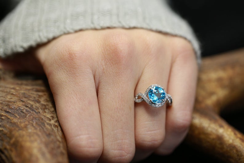 1 CT Round Cut Blue Topaz Diamond 925 Sterling Silver Halo Infinity Band Ring