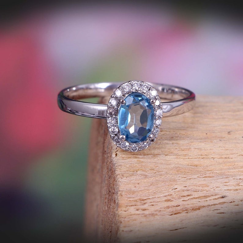 1 CT Oval Cut Blue Topaz Diamond 925 Sterling Silver Halo Engagement Ring