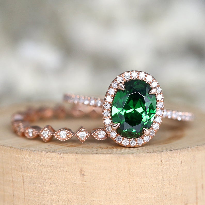 1 CT Oval Cut Emerald Diamond 925 Sterling Silver Halo Wedding Bridal Ring Set - atjewels.in