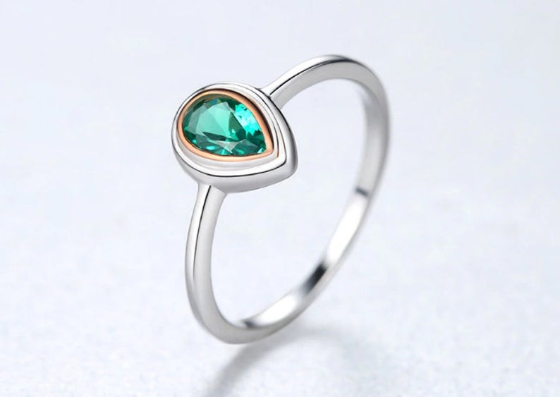 1.00 Ct Pear Cut Green Emerald Two-Tone Solitaire Ring In 925 Sterling Silver